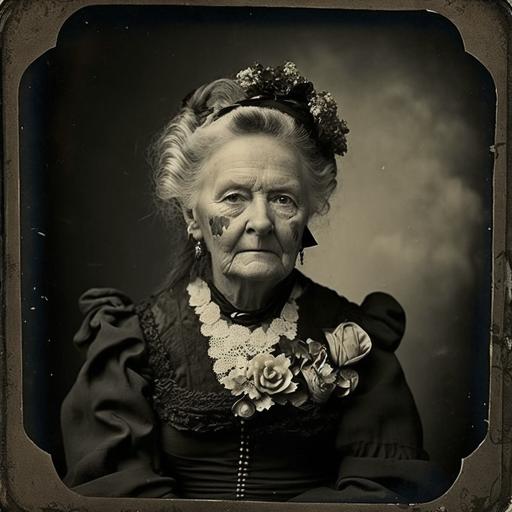 scary old woman, tintype, huge eyes, small lips, big hair, flowers in her hair, rosy cheeks, Victorian clothing, dreary background
