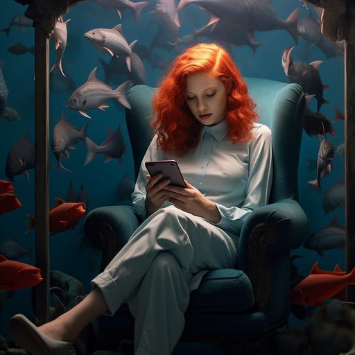 scary shark aquarium, realistic photography, in the style of wes anderson, girl with red hair sitting in chair looking at phone