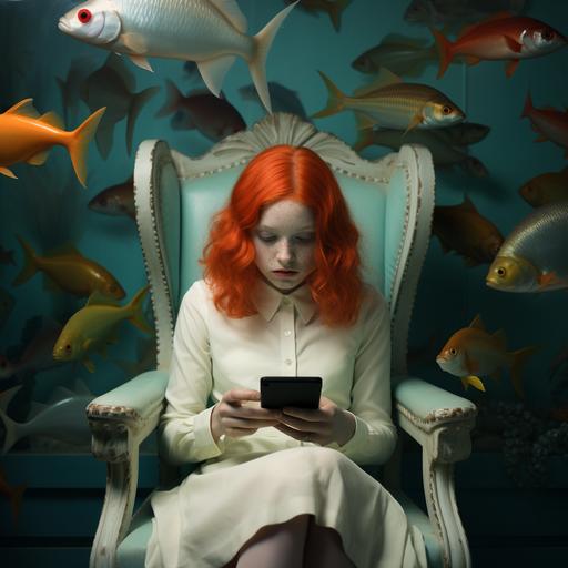 scary shark aquarium, realistic photography, in the style of wes anderson, girl with red hair sitting in chair looking at phone