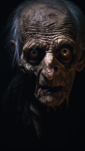 scary, skinny gaunt old man with ugly wrinkled face and large opaque cataract eyes, he has brown sludge dripping from his mouth and a raged expression, face close-up, dark mood lighting and tense atmosphere --ar 9:16
