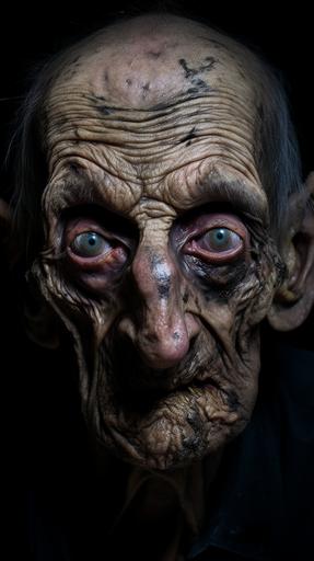 scary, skinny gaunt old man with ugly wrinkled face and extremely wide black eyes, he has sludge dripping from his mouth and a raged expression, face close-up, dark mood lighting and tense atmosphere --ar 9:16