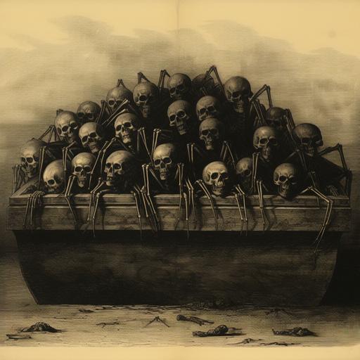 scary spiders on a human coffin, etching style