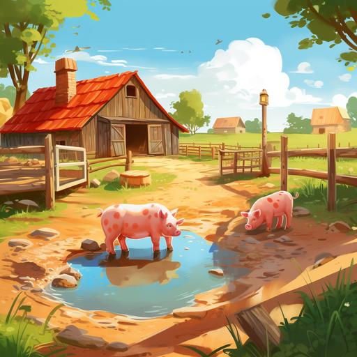 scene concept, bright and sunny cute disney cartoon farm with a muddy pig pen surrounded by wooden livestock fencing, and inside the pig pen, is a muddy pool and pig trough, a red barn in the distance, children's book