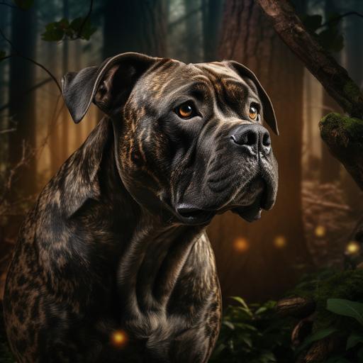 scene featuring a photo-realistic brindle Cane Corso dog. The dog should be the central focus of the image, with its muscular build and distinctive brindle coat depicted in detail. The background should be an enchanted forest, slightly out of focus, to add an element of mystery and adventure to the scene. Capture the dog in a moment of curiosity as it explores this magical forest. Please describe the play of light and shadows on the dog's coat and the ethereal atmosphere of the forest in thImagine a mid-journey scene featuring a photo-realistic brindle Cane Corso dog. The dog should be the central focus of the image, with its muscular build and distinctive brindle coat depicted in detail. The background should be an enchanted forest, slightly out of focus, to add an element of mystery and adventure to the scene. Capture the dog in a moment of curiosity as it explores this magical forest. Please describe the play of light and shadows on the dog's coat and the ethereal atmosphere of the forest in the background.e background.
