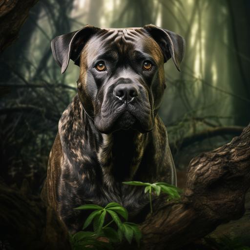 scene featuring a photo-realistic brindle Cane Corso dog. The dog should be the central focus of the image, with its muscular build and distinctive brindle coat depicted in detail. The background should be an enchanted forest, slightly out of focus, to add an element of mystery and adventure to the scene. Capture the dog in a moment of curiosity as it explores this magical forest. Please describe the play of light and shadows on the dog's coat and the ethereal atmosphere of the forest in thImagine a mid-journey scene featuring a photo-realistic brindle Cane Corso dog. The dog should be the central focus of the image, with its muscular build and distinctive brindle coat depicted in detail. The background should be an enchanted forest, slightly out of focus, to add an element of mystery and adventure to the scene. Capture the dog in a moment of curiosity as it explores this magical forest. Please describe the play of light and shadows on the dog's coat and the ethereal atmosphere of the forest in the background.e background.