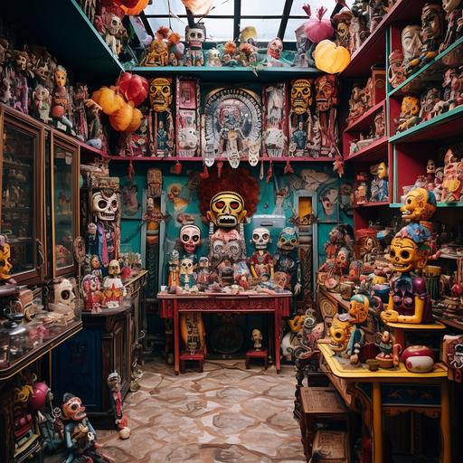 scene of creepy mexican doll shop with creepy broken alebrijes on the shelves