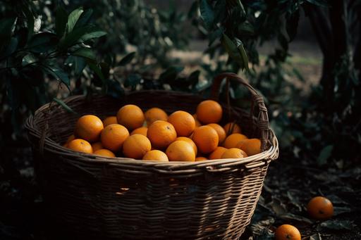 scene of orange farm,leaves,orange in the basket,50mm,f4 --ar 3:2 --v 5 --s 250