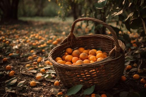 scene of orange farm,leaves,orange in the basket,50mm,f4 --ar 3:2 --v 5 --s 250