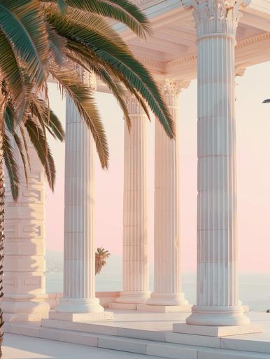 scenic close up shot of beautiful white marble roman ruin architecture with palm leaves, pastel sunset sky, fountain, editorial, light neutral colors, minimal, --ar 3:4 --v 6.0