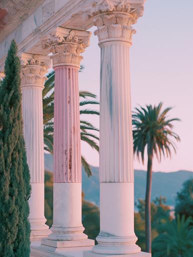 scenic close up shot of beautiful white marble roman ruin architecture with palm leaves, pastel sunset sky, fountain, editorial, light neutral colors, minimal, --ar 3:4 --v 6.0