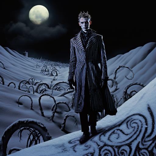 scenic fashion editorial on a snowy hill at night,  spiral hill in background, pale male model, strong features, very tall and slender body , dressed like jack skellington's black and white pin stripe suit walking up a hill in the snow at night, under the moon at night, foot prints behind him in snow, maison margiela aesthetic, nightmare before christmas inspired