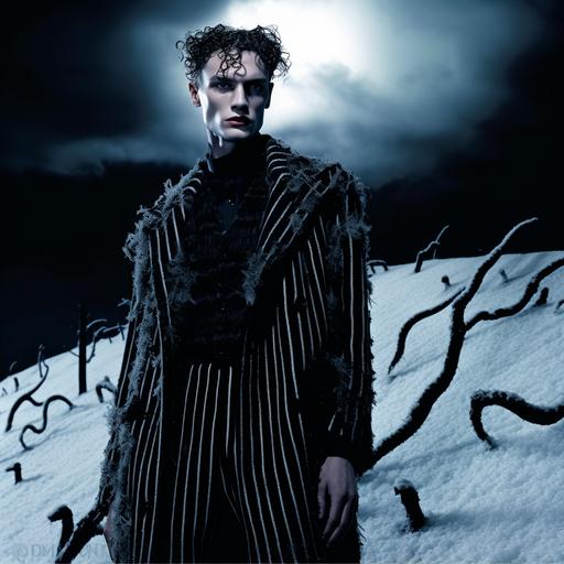 scenic fashion editorial on a snowy hill at night,  spiral hill in background, pale male model, strong features, very tall and slender body , dressed like jack skellington's black and white pin stripe suit walking up a hill in the snow at night, under the moon at night, foot prints behind him in snow, maison margiela aesthetic, nightmare before christmas inspired,