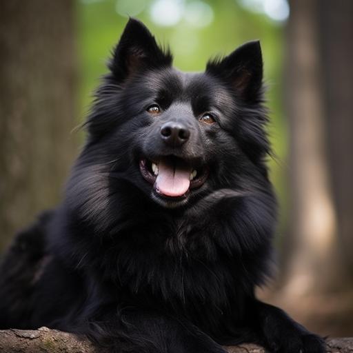 schipperke dog breed, black fur, stubby, big tummy, dumb face