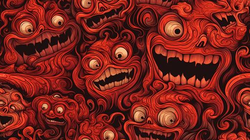 schizophrenic sardonic grinning dmt faces made of red and black swirling fire, repeating pattern --chaos 5 --ar 16:9 --tile --v 5 --q 2