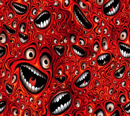 schizophrenic sardonic grinning dmt faces made of red and black swirling fire, repeating pattern --chaos 5 --ar 9:8 --tile --v 5 --q 2