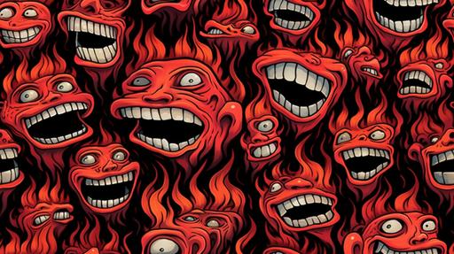 schizophrenic sardonic grinning dmt faces made of red and black swirling fire, repeating pattern --chaos 5 --ar 16:9 --tile --v 5 --q 2