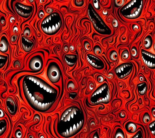 schizophrenic sardonic grinning dmt faces made of red and black swirling fire, repeating pattern --chaos 5 --ar 9:8 --tile --v 5 --q 2