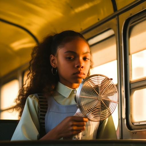 school girl using portable fan in school bus