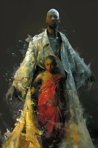 ::1 sci fi, adventure, and romance book cover, asian girlfriend, handsome black american veteran, child monk in red robe, bright colors, art by francis bacon::4 --no words, text, title, typography --s 350 --v 6.0 --style raw --ar 2:3