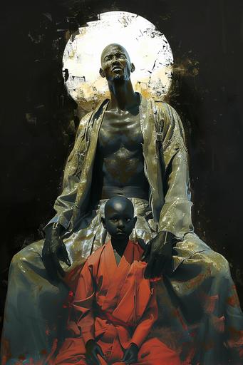 ::1 sci fi, adventure, and romance book cover, asian girlfriend, handsome black american veteran, child monk in red robe, bright colors, art by francis bacon::4 --no words, text, title, typography --s 350 --v 6.0 --style raw --ar 2:3