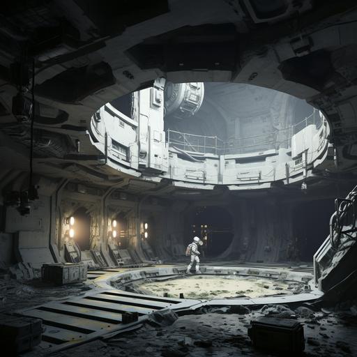 sci-fi setting, interior room of a industrial station for asteroid mining, a hole in the center with a circular elevator hanging over it, back corner of the room partitioned off with white plastic curtains, spacesuits in cubbyholes along one wall, everything used and dirty, hyper realistic