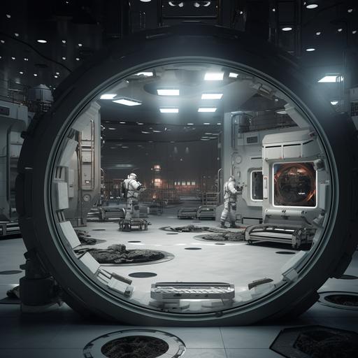sci-fi setting, interior room of a industrial station for asteroid mining, a hole in the center with a circular elevator hanging over it, back corner of the room partitioned off with white plastic curtains, spacesuits in cubbyholes along one wall, everything used and dirty, hyper realistic