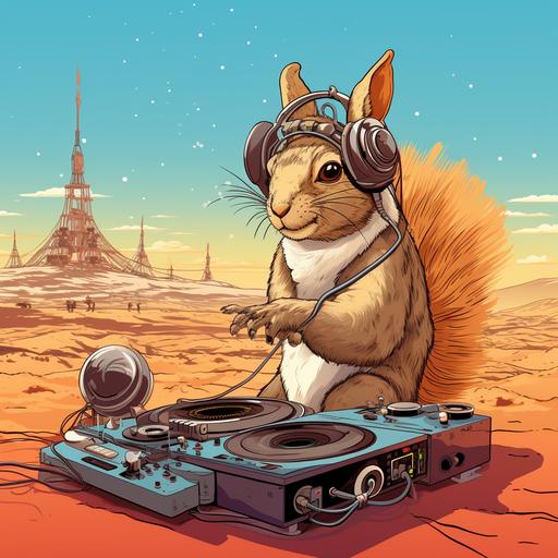 sci-fi squirrel with large tail djing in the desert at burning man festival. illustrated in the style of moebius