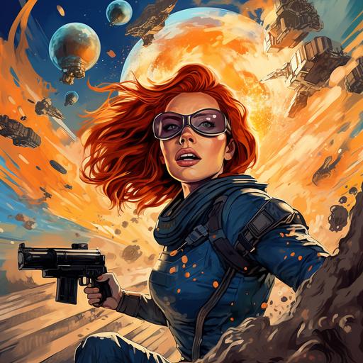 science fiction, movie poster, cartoon, space, spaceships, explosion, grungy color, cratered planet, redhead woman wearing goggles and blue jump suit, shooting blaster