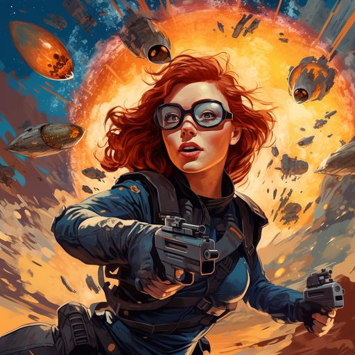 science fiction, movie poster, cartoon, space, spaceships, explosion, grungy color, cratered planet, redhead woman wearing goggles and blue jump suit, shooting blaster