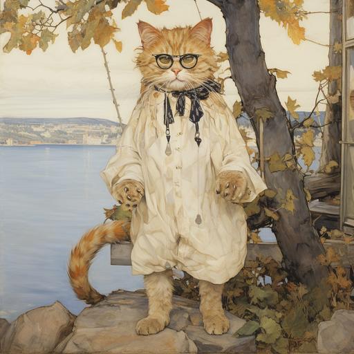 scientist cat with glasses, walks on a golden chain around an oak, sea behind, Vasnetsov, Schiele, Alma Tadema