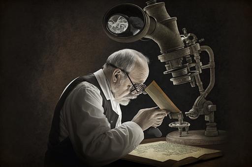 scientist looking through a microscope :: book with marginalia --ar 3:2