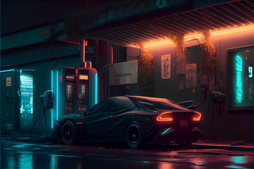 scifi car charging in EV charging station in Japanese cyberpunk city --ar 3:2 --upbeta --s 750