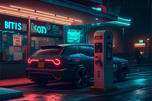 scifi car charging in EV charging station in Japanese cyberpunk city --ar 3:2 --upbeta --s 750