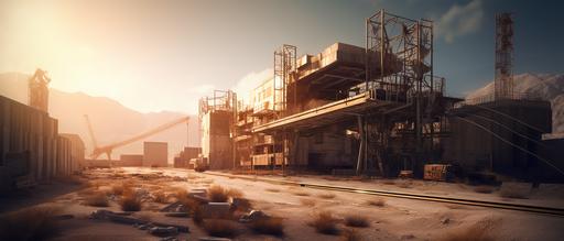 scifi construction, factory, with Las Vegas sign in the distance, architectural photography, cinematic, epic scene, dynamic composition, environment --ar 235:100 --v 5