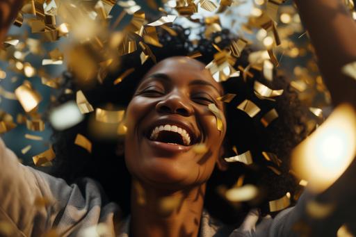 close up of a happy black businesswoman celebrating a promotion with gold confetti Sony Alpha A7R IV / A7R IVA. 61MP full-frame CMOS sensor --ar 3:2 --v 6.0 --style raw --s 50
