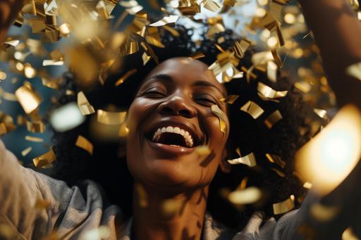 close up of a happy black businesswoman celebrating a promotion with gold confetti Sony Alpha A7R IV / A7R IVA. 61MP full-frame CMOS sensor --ar 3:2 --v 6.0 --style raw --s 50