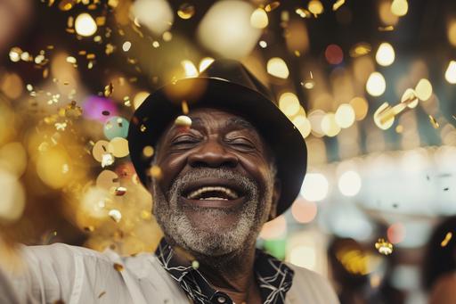 close up of a happy black senior eclectic man at a christmas disco dancing with gold confetti Sony Alpha A7R IV / A7R IVA. 61MP full-frame CMOS sensor --ar 3:2 --v 6.0 --style raw --s 50