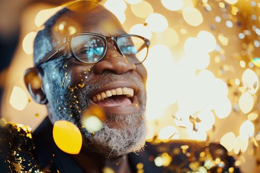 close up of a happy black senior eclectic man at a disco dancing with gold confetti Sony Alpha A7R IV / A7R IVA. 61MP full-frame CMOS sensor --ar 3:2 --v 6.0 --style raw --s 50