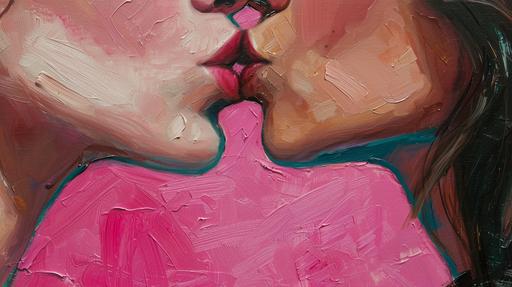 oil painting close up of a lesbian couple kissing, against a pink background, copy space --ar 16:9 --v 6.0 --style raw --s 50