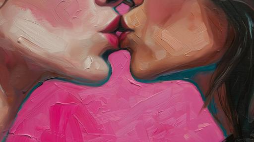 oil painting close up of a lesbian couple kissing, against a pink background, copy space --ar 16:9 --v 6.0 --style raw --s 50