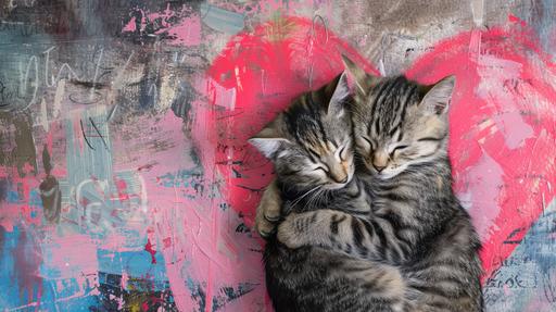 oil painting collage of a photograph of two cats cuddling against a painted pink heart and collaged background with brush strokes and scribbes, copy space --ar 16:9 --v 6.0 --style raw --s 50