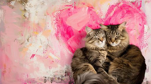 oil painting collage of a photograph of two cats cuddling against a painted pink heart and collaged background with brush strokes and scribbes, copy space --ar 16:9 --v 6.0 --style raw --s 50