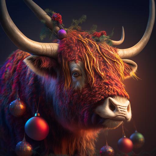 scottish highland cow characters as Christmas ornaments inspired by Alice in wonderland, photographic realism, very bright colors, luminous, cinematic dramatic lighting, HD, octane rendering, in the style of Charlie and the Chocolate Factory, --v 4 --v 4