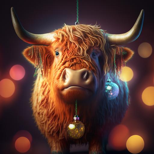scottish highland cow characters as Christmas ornaments inspired by Alice in wonderland, photographic realism, very bright colors, luminous, cinematic dramatic lighting, HD, octane rendering, in the style of Charlie and the Chocolate Factory, --v 4 --v 4