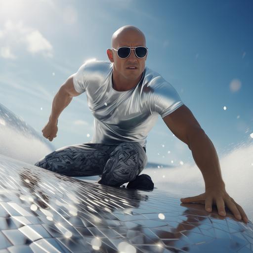 screen grab of professional surfer kelly slater surfing while wearing futuristic sunglasses and metallic board shorts
