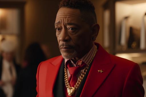 screengrab of Giancarlo Esposito wearing a flamboyant red Balenciaga suit jacket with matching pants and accessorized with a gold chain necklace, fashion movie scene, Balenciaga commercial --ar 3:2 --v 5