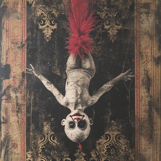 screenprinted and laser etched black scratched photography relief artwork, of a 1920s alien hanging upside down made of bubblegum goo and carpet weave with a red feather hat performing magic tricks, creepy scary clowns and dolls --v 6.0 --s 250