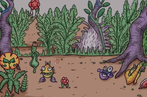 screenshot from a SNES platform game, 16-bit snes sprite-based pixel art, cartoon creatures seek treasure chests among monster-plants, pixelpunk --s 200 --weird 500 --ar 3:2 --q 2