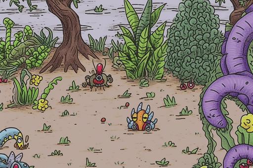 screenshot from a SNES platform game, 16-bit snes sprite-based pixel art, cartoon creatures seek treasure chests among monster-plants, pixelpunk --s 200 --weird 100 --ar 3:2 --q 2