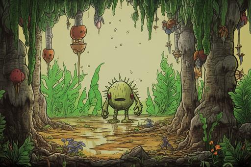 screenshot from a SNES platform game, 16-bit snes sprite-based pixel art, cartoon creatures seek treasure chests among monster-plants, pixelpunk --s 200 --ar 3:2 --q 2